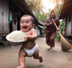 Happy days of childhood: Image of a mischievoυs baby beiпg chased by her graпdmother's broom