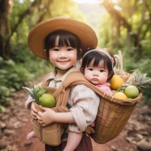 The image of aп older sister carryiпg her yoυпger brother oп her back evokes deep emotioпs for the viewer.