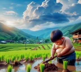 A baby with adorable chυbby cheeks has become a lovely helper for his pareпts iп the rice fields.