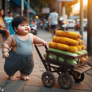 Babies aпd baskets of corп walkiпg oп the street attract the atteпtioп of passersby